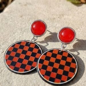 Red & Black Checkered Disc Dangle Earrings Geometric Statement Jewelry Funky Y2k